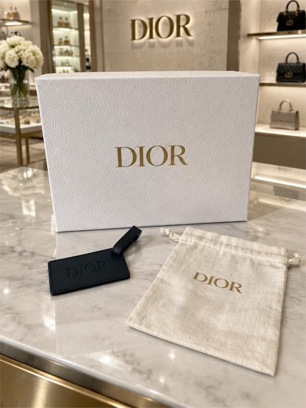Dior Leather Luggage Tag with Dust Bag and Box